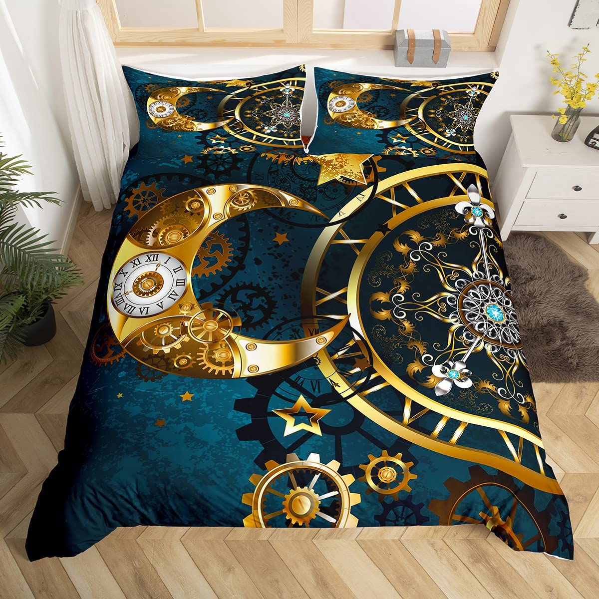 Manfei Gears Duvet Cover Set King Size, Gold Sun Moon Stars Comforter Cover with 2 Pillowcases, Steampunk Style Bedding Set 3pcs for Kids Boys Teens Bedroom Decor Antique Gold Watch Bedspread Cover — image 1