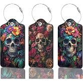 Luggage Tags for Suitcases Durable Leather Luggage Tags Cute Travel Name Tags for Cruise Ships Travel Essentials 3 Pack (Skull Flowers)