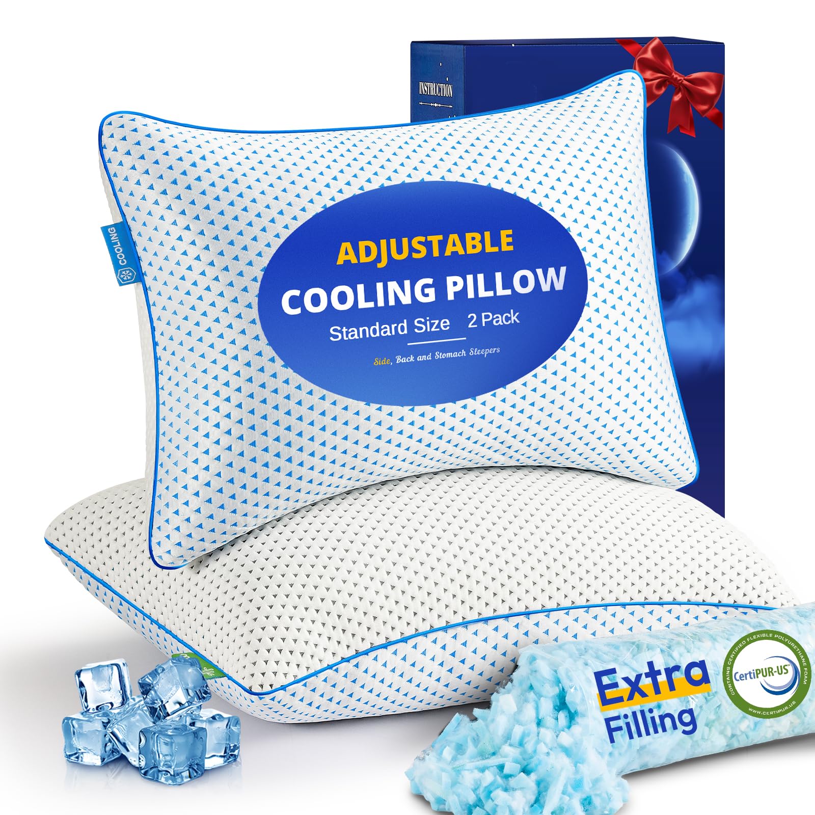 Cooling Gel Memory Foam Pillows Standard/Full Size Set of 2 for Sleeping, Adjustable Firm Loft Shredded Foam Bed Pillows 2 Pack for Side, Back, Stomach Sleepers with Luxury Washable Breathable case