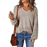SHEWIN Women's Sweaters Casual Long Sleeve V Neck Crewneck Lightweight Crochet Pullover Sweater Tops
