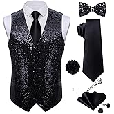 DiBanGu Mens Sequins Vest and Tie Set Solid V-Neck Shiny Dress Waistcoat Bowtie with pocket square for Prom Party Tuxedo