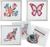 Trimits 3PK Cross Stitch Kits for Adults Beginners Butterfly Cat Flowers 13x13cm