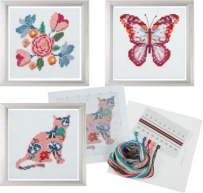 Trimits 3PK Cross Stitch Kits for Adults Beginners Butterfly Cat Flowers 13x13cm