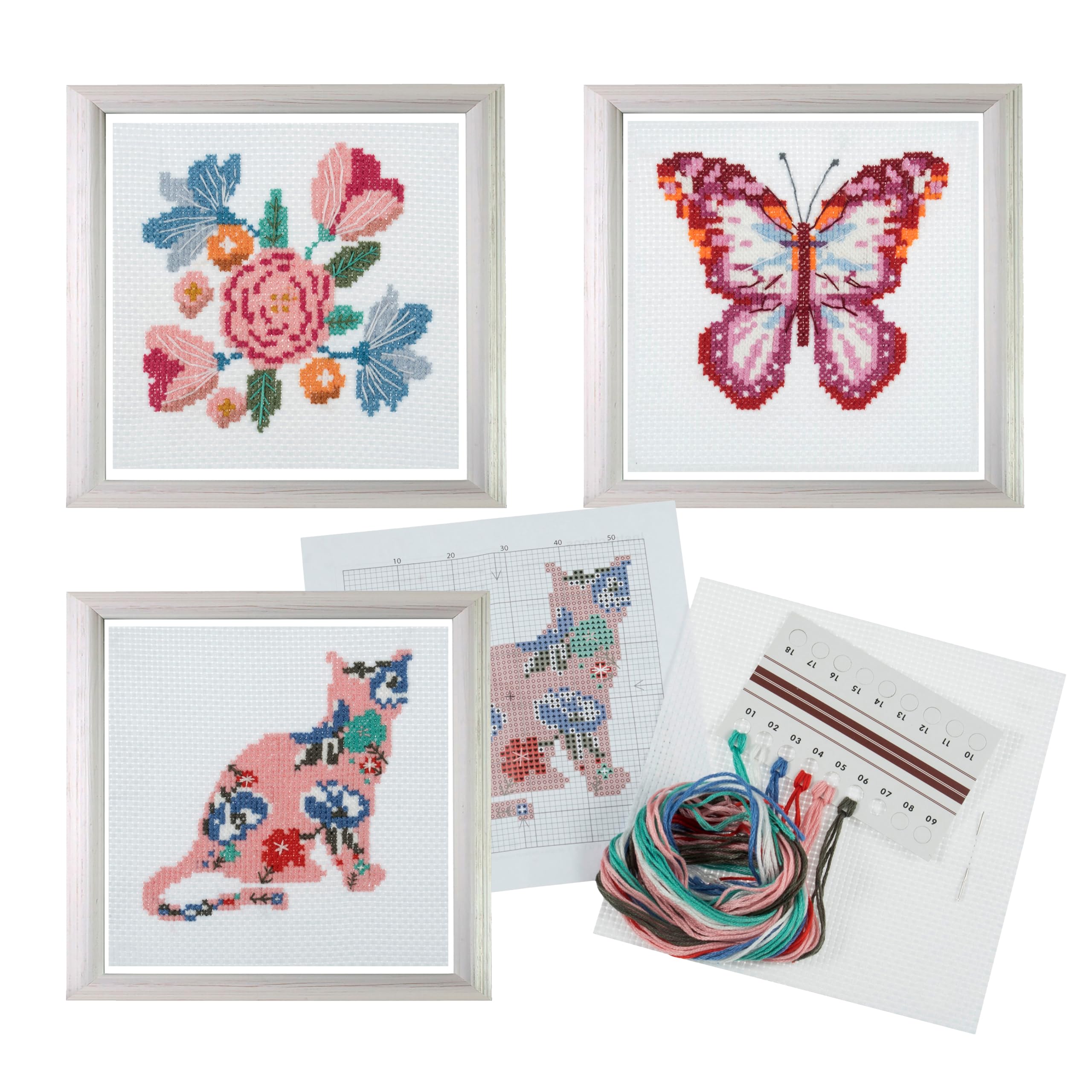 Trimits 3PK Cross Stitch Kits for Adults Beginners - Pre Printed Cross Stitch Kit, Beginners Embroidery Kit for Adults & Kids, Complete DIY Embroidery Starter Set - 13x13cm, Butterfly/Cat/Flowers