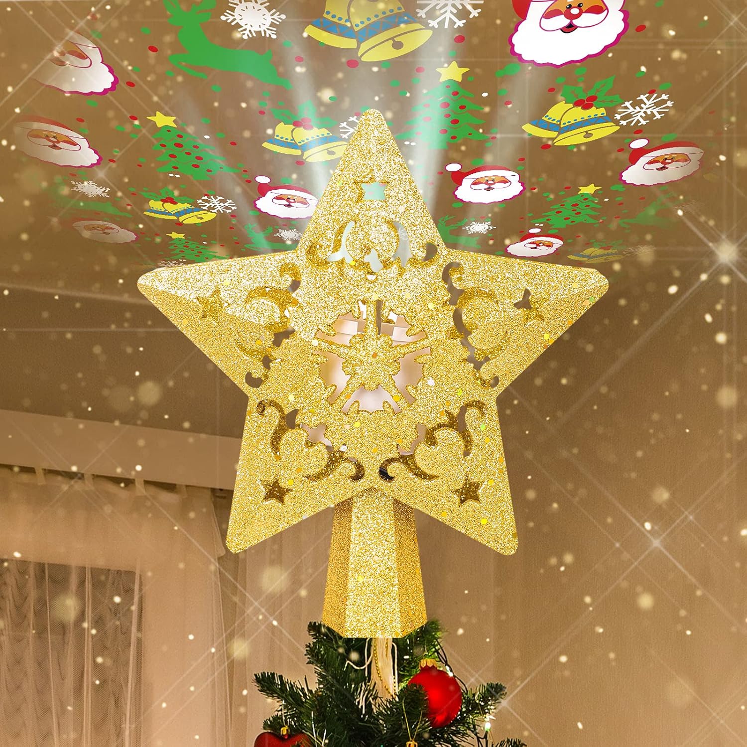Tree Toppers - Christmas Tree Topper - Star Christmas Tree Topper Lighted with 3D Rotating Santa - LED Hollow Glitter Projector - Christmas Tree Topper for Christmas Tree Decorations (Gold)