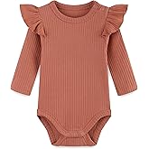 Baby Girl Knit Ruffle Outfit Clothes Ribbed 100% Organic Cotton Solid Color Long Sleeve Romper Clothes 0~24M