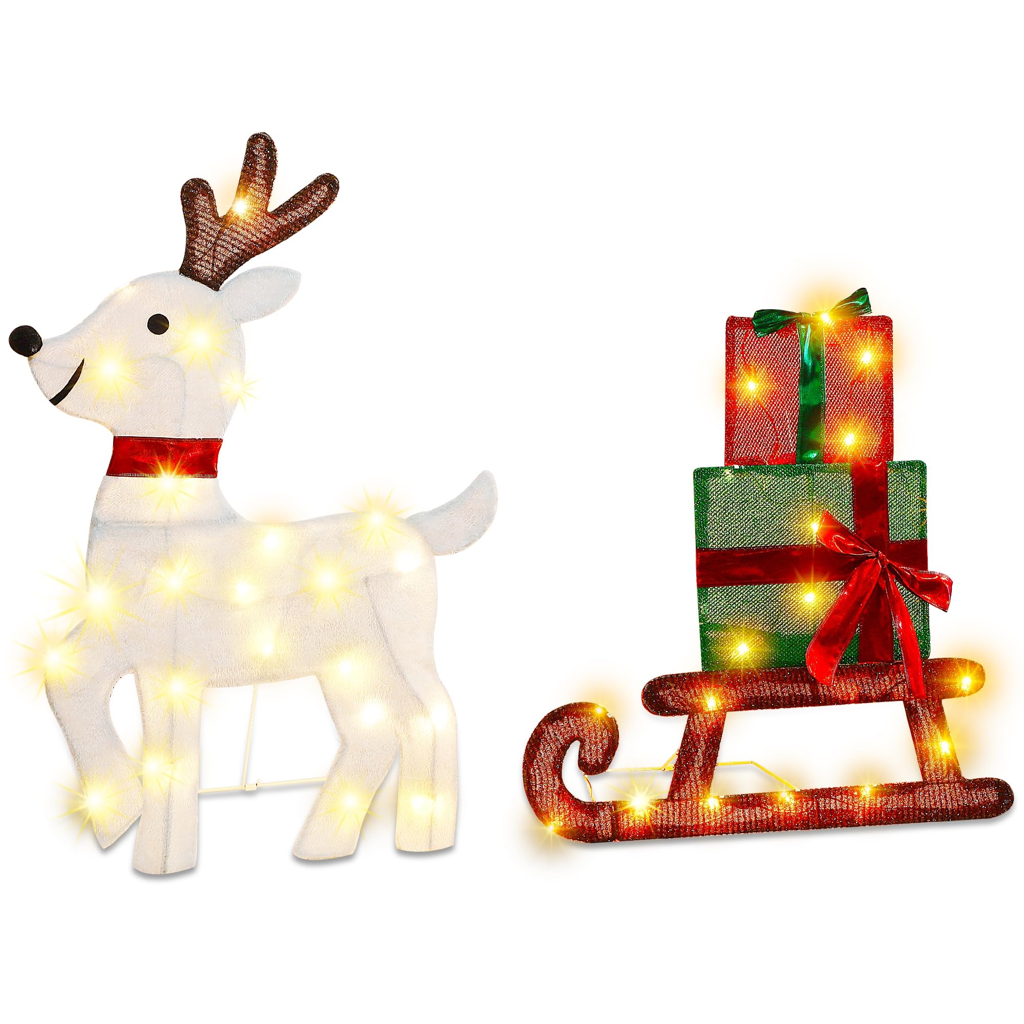 Photo 1 of Joliyoou Christmas Yard Decoration, Pre-lit Reindeer & Gift Sled Standing Ornament with 50 Warm White Lights, 2D Lighted Holiday Display for Xmas Front Door Indoor Outdoor Decor