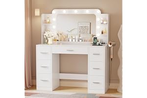 YESHOMY Vanity Desk with Large Lighted Mirror, Power Outlet and 11 Lights, Makeup Table with 7 Drawers and 3 Desktup Storage Units, 3 Color Modes Available for Bedroom, White