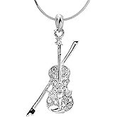 Spinningdaisy Silver Plated Crystal Violin with Bow Necklace