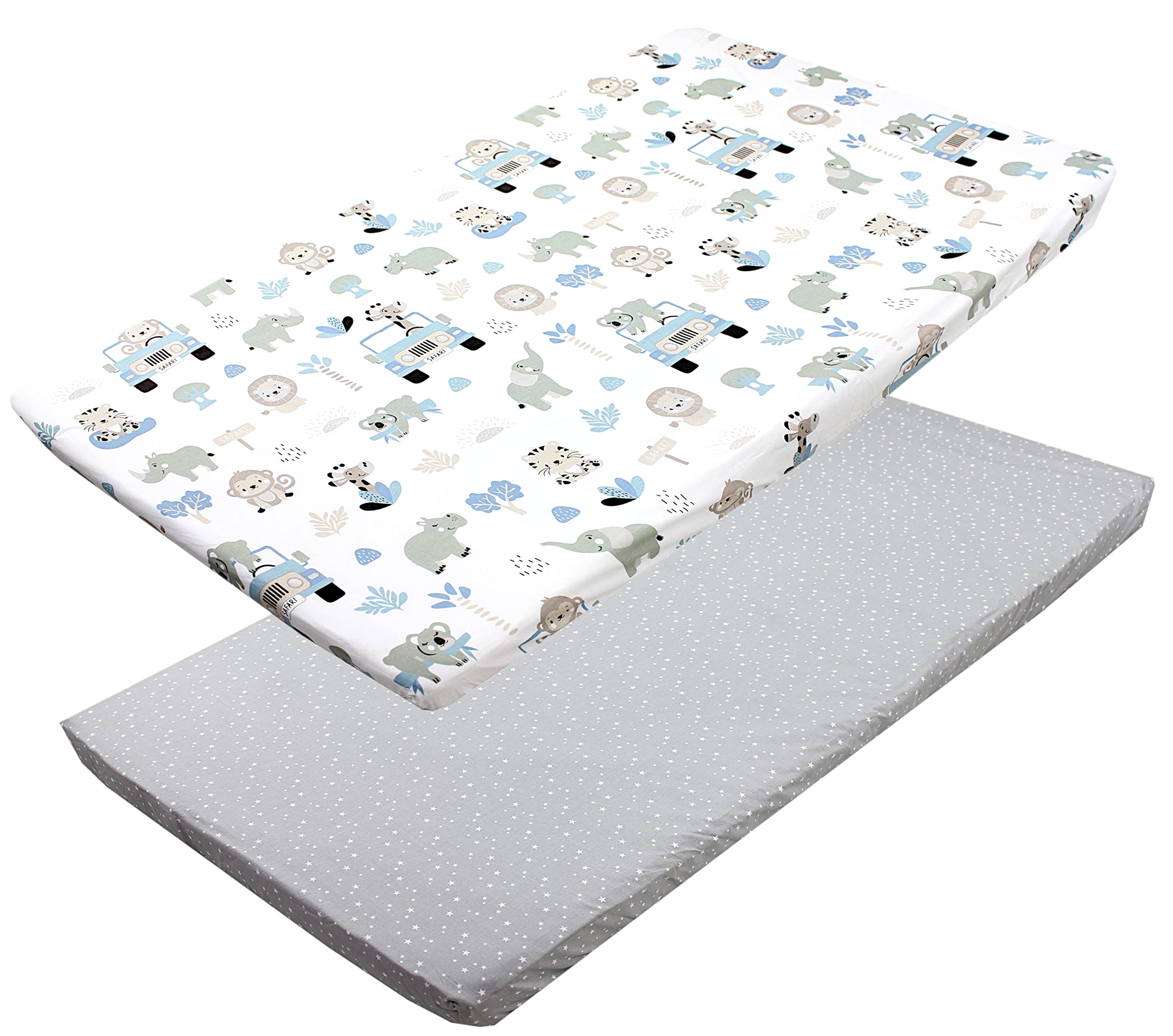 TupTam baby fitted sheet children fitted sheet for baby bed cot pack of 2, Zoo Blue/Stars/White/Grey, 90 x 200 cm