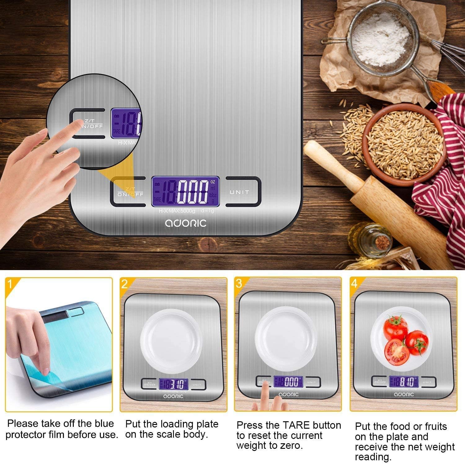 Digital Kitchen Scale Food Scale, 11 lb/5 kg Stainless Steel LCD Display Tare Function Automatic Shutdown Batteries Included, Silver: Kitchen & Dining