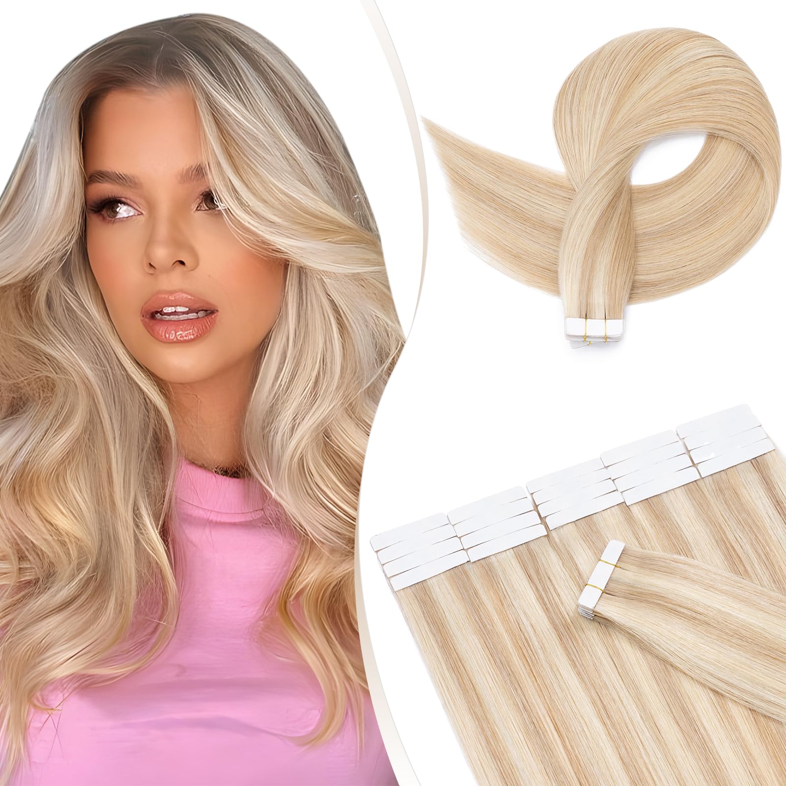 Elailite Tape in Hair Extensions Human Hair Thin Type 1.5g/pcs - 20Pcs 100% Real Natural Remy Hair Skin Weft Extension (#18/613 Ash Blonde Mix Bleach Blonde, 16 inches) — image 1