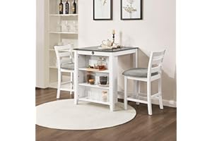Larinest Small Bar Table and Chairs Set for 2, 3-Piece Kitchen Dining Room Table Set with Storage Shelves & Charging Station, Space-Saving Kitchen Breakfast Nook, Off White