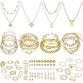 NEWITIN 88 Pieces Gold Jewelry Set for Women Fashion Costume Jewelry Gold Plated Necklace Bracelet Ring Ear Cuff Earrings Set for Women