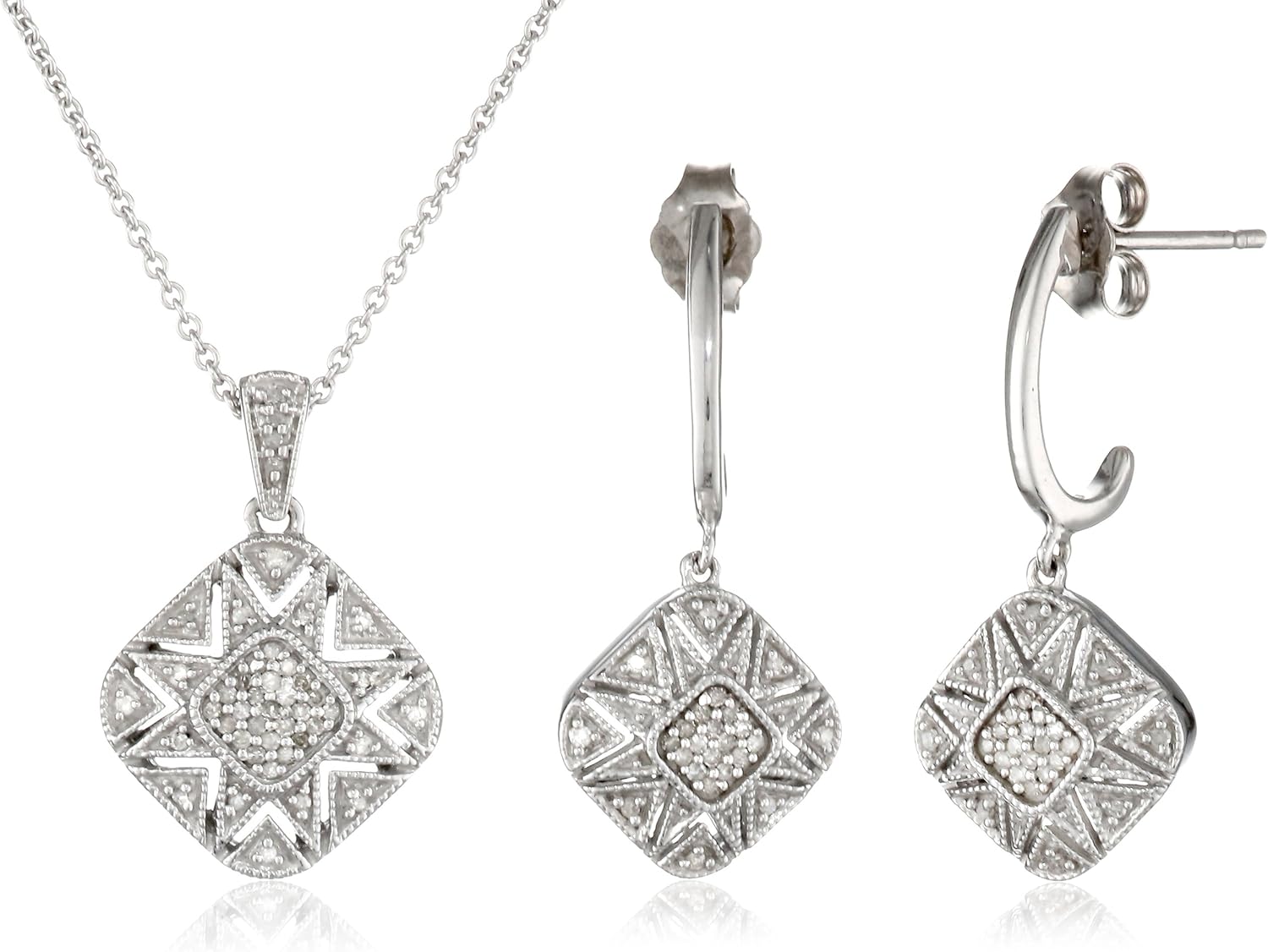 Sterling Silver Diamond Dangle Earrings and Pendant