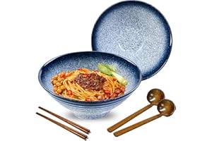 mehrido Ceramic Ramen Bowl Set, 2 Sets 32 Ounces Large Japanese Noodle Soup Bowls with Spoons and Chopsticks for Soup Udon So