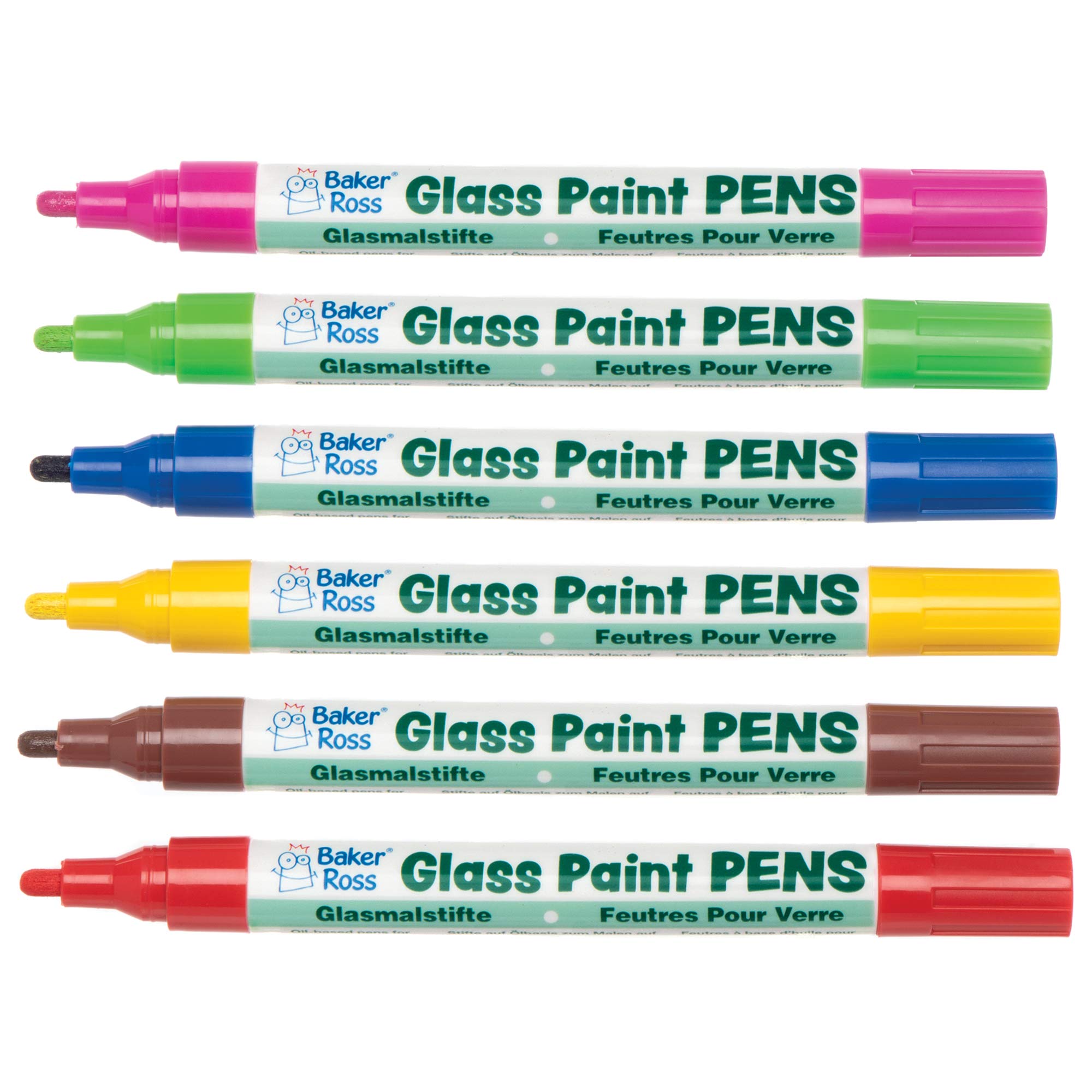 Baker Ross AT488 Glass Paint Pens - Pack of 6, Broad Tipped, Oil Based Acrylic Markers for Kids Arts and Crafts Glass and Acrylic Painting Activities, Bright