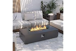 UPHA 56-inch Outdoor Propane Gas Fire Pit Table 50000 BTU Iron Rectangle Firepit for Outside Patio with Tank Hidden Table, Wind Guard, Removable Lid, Blue Glass Rocks, Rain Cover, Dark Grey