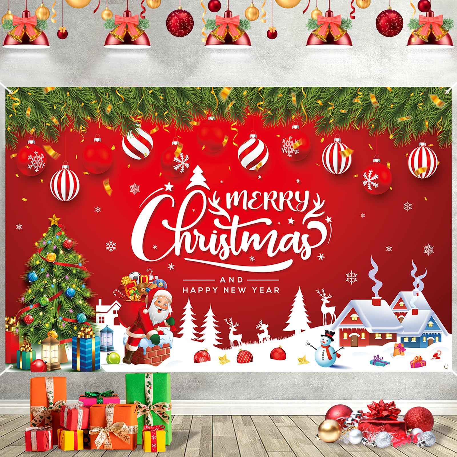 Christmas Banner Decorations Red Merry Christmas and Happy New Year Backdrop Banner Santa Claus Snowman Elk Extra Large Xmas Sign Garage Wall Hanging Poster Photo Background Party Decor, 185x110 cm
