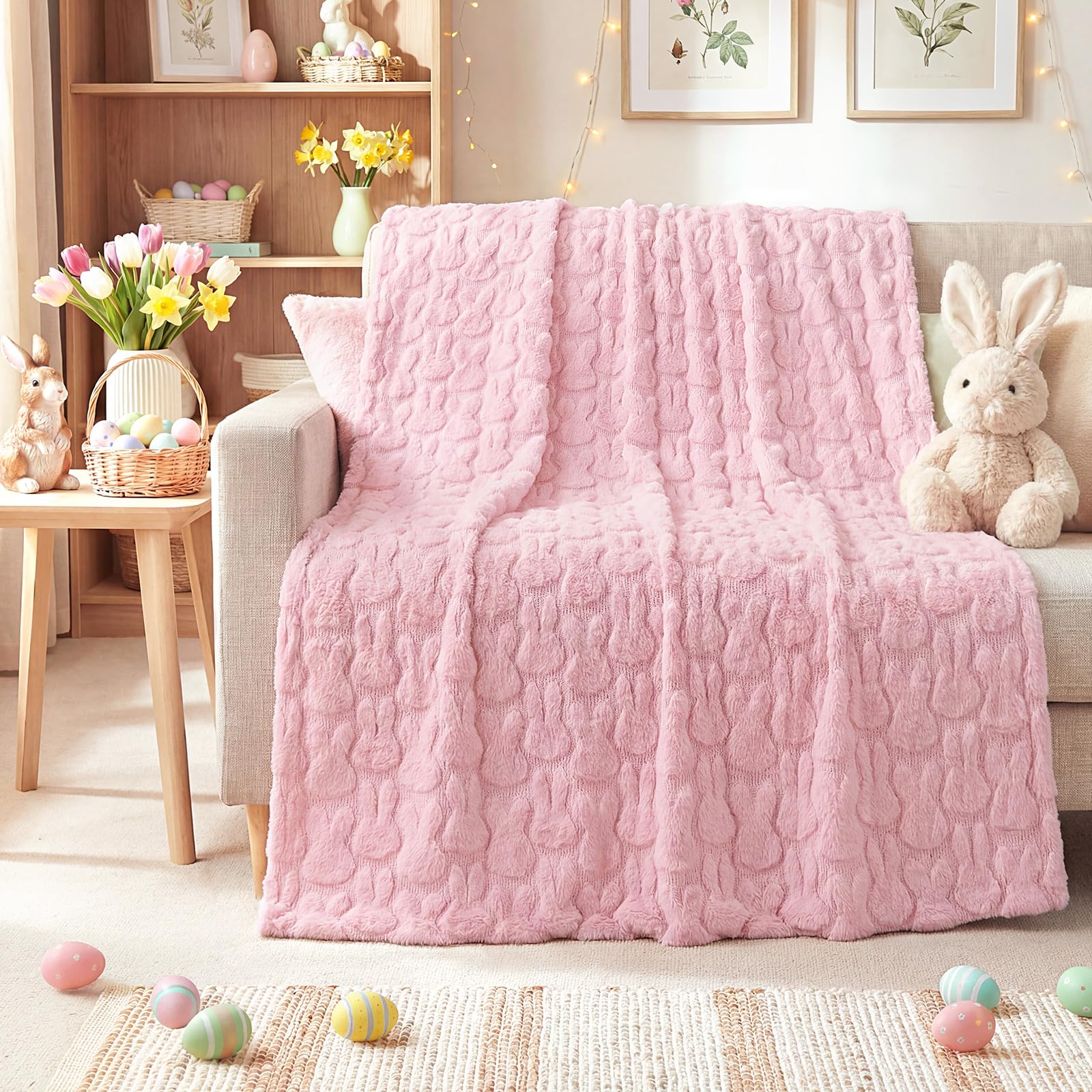Photo 1 of Moukeren Spring Easter Bunny Throw Blanket 50" x 60" - 3D Jacquard Bunny Throws, Cozy Soft Rabbit Spring Plush Easter Gifts for Living Room Couch Sofa Bed Decor(Pink)