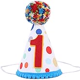 WAHAWU Baby 1st Birthday Party Hat - Primary Colors, Handmade Birthday Hat for Baby Girls/Boys, Confetti Cone Hat with Colored Fur Balls, Size 5 1/2, Suitable for Babies around 1 Year Old
