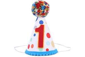 WAHAWU Baby 1st Birthday Party Hat - Primary Colors, Handmade Birthday Hat for Baby Girls/Boys, Confetti Cone Hat with Colored Fur Balls, Size 5 1/2, Suitable for Babies around 1 Year Old