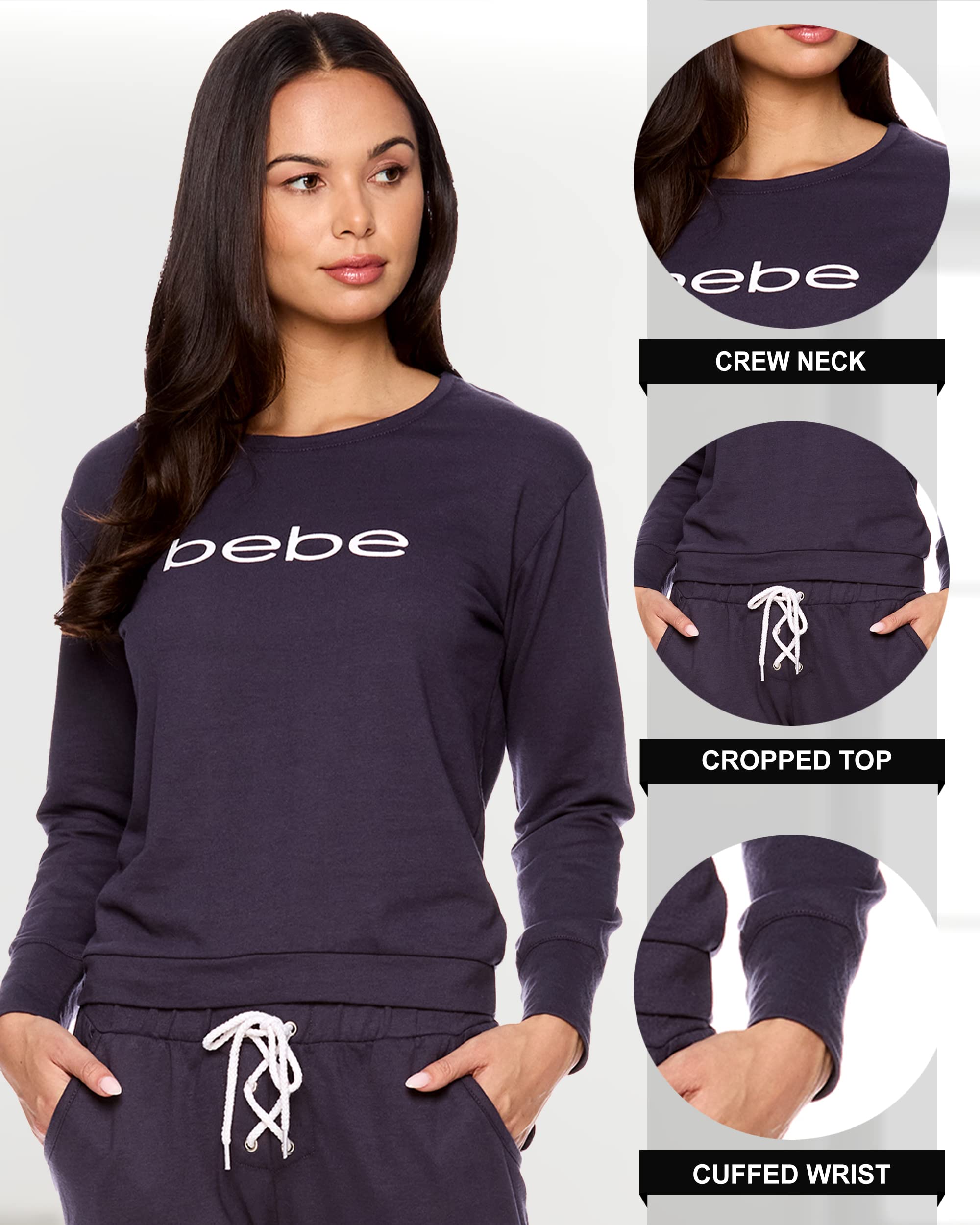 *All variations included* bebe Womens Pajama Sets - French Terry Pajamas Long Sleeve Pullover Top and PJ Pants with Pockets - Sleepwear for Women (Midnight Lavender, Medium)