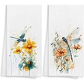 WAITPI Dragonfly Floral Kitchen Towels Set of 2, Dragonfly Gifts for Women Hand Towels for Bathroom, Rustic Cottagecore Floral Insect Decorative Hand Tea Dish Towels for Kitchen Bathroom Decor 16x24in