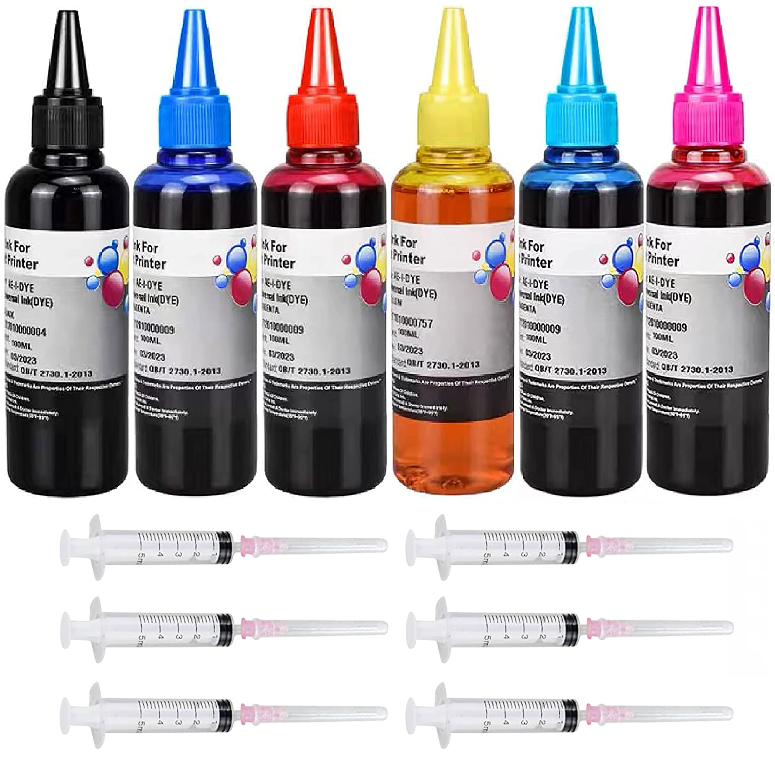 Photo 1 of AYMSous 6-Pack Universal Dye Ink Refill Kit for All HP Canon Epsn Brother Printers Compatible Cartridges Refillable Cartridge CISS CIS System with 6 Syringes(6x100ML 1BK, 1C, 1M, 1Y, 1LC, 1LM)