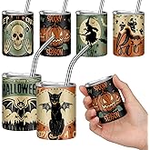 Roshtia 6 Pcs 3 oz Halloween Mini Tumblers Shot Glass with Straw and Lid Spooky Halloween Stainless Steel Tumblers Double Wall Vacuum Insulated Cups for Coffee Cocktail Hot Cocoa Bar Party Favor Gift