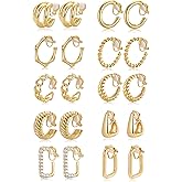 Wrlcorly 10 Pairs Clip on Hoop Earrings for Women Men Twist Round CZ Chunky Hoop Clip Earring No Piercing Fake Earrings Sets Gold Silver Tone