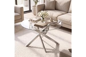 Giantex Round Glass Coffee Table, 31.5" Modern Center Table with Tempered Glass Top & Geometric Metal Frame, Clear Accent Coc