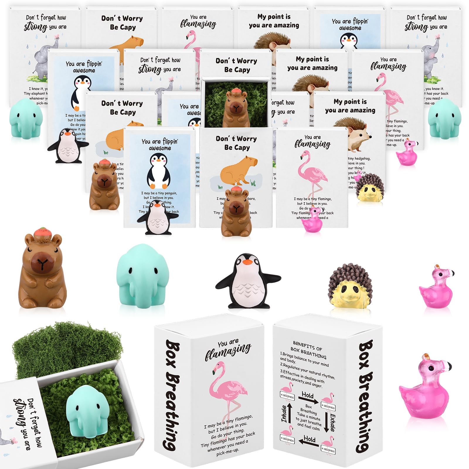 YXSJAS 30 Sets Valentine Positive Emotional Support Desk Pets Cute Mini Resin Animals Ornaments with Imitation Moss Cheer Up Card Boxes Employee Appreciation Gifts Valentine's Day Gifts for Coworkers