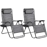 Foristrail Zero Gravity Chair Set of 2 Oversized Folding Recliner, Padded Anti Gravity Lounge Chair with Adjustable Pillow &amp; Cup Holder for Outdoor Camping, Patio, Poolside, Lawn (Gray)