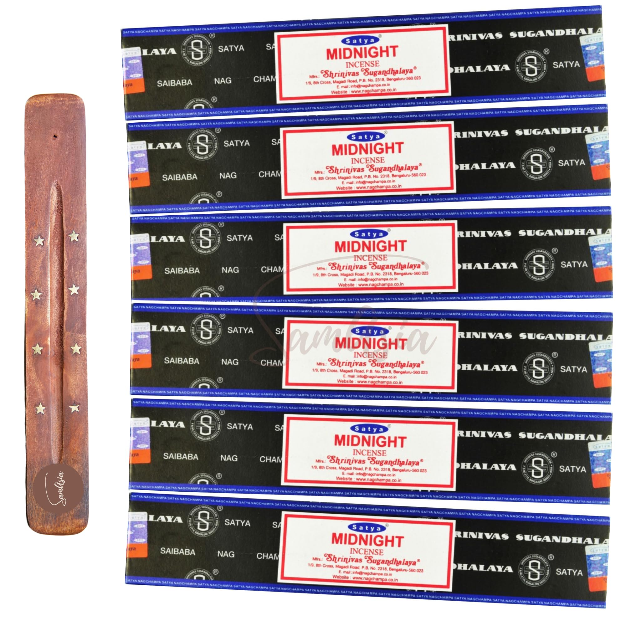 Satya Nag Champa Midnight Incense Sticks | x6 pack | with SAMASIA incense sticks holder | Used for Aromatherapy, Spa, Yoga, Weddings, Meditation, Healing, Positivity and Relaxation