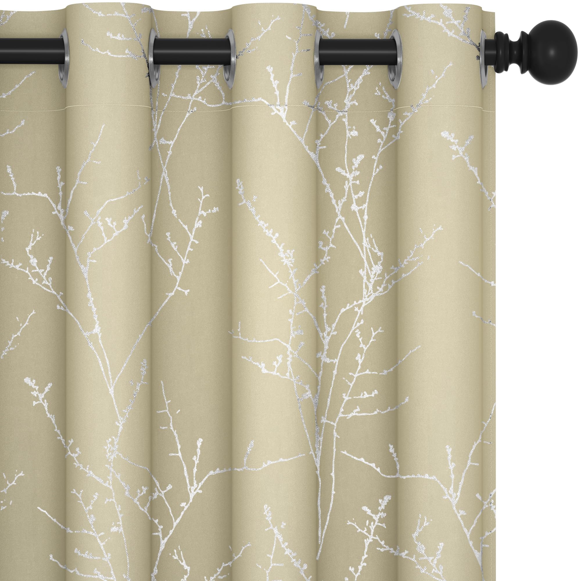 Deconovo Blackout Curtains Eyelet, Silver Tree Branches Printed Curtains for Living Room, Beige, 46 x 90 Inch (Width x Length), 2 Panels