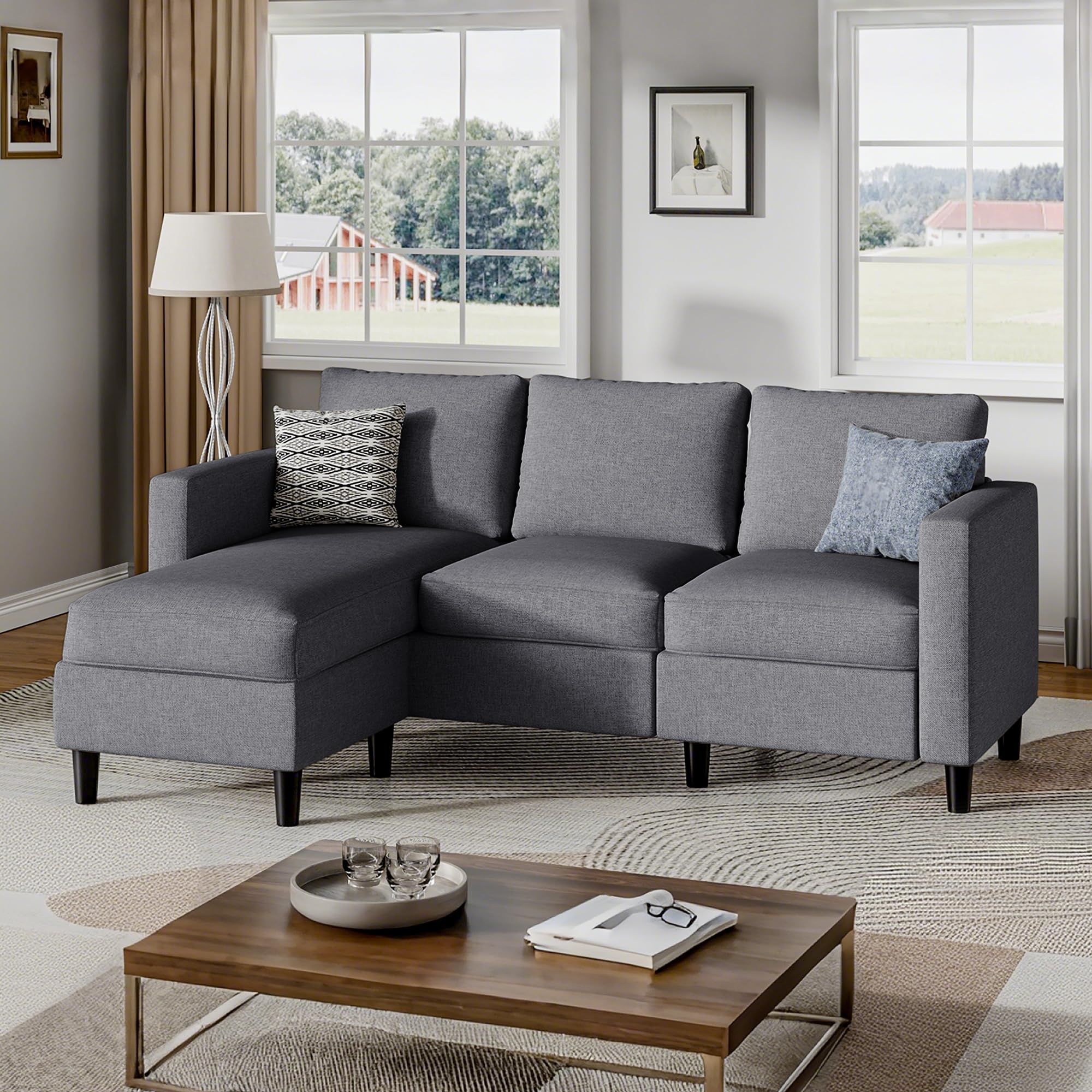 Photo 1 of Small Sectional Sofa Couch, 3 Seat L Shaped Couches with Ottoman, Upholstered Fabric Convertible Sofa, Small Couch for Apartments, Living Room and Office (Dark Grey)