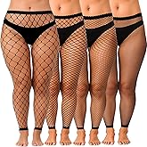Prasacco 4 Pairs Women's Plus Size Fishnet Stockings, Plus Size Fishnet Tights Stockings for Women High Waist Stretchy Footless Tights, Black Mesh Pantyhose for XL to 4XL
