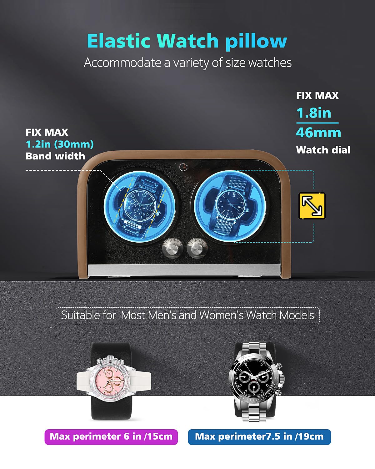 Clewcks Watch Winder for Automatic Watches, Watch Winders Box for Rolex,Double Japanese Silent Motor, 4 Rotation Mode Setting, Blue Light, Plug-in or 2 * AA Batteries (not included), Retro Style, Gift for man