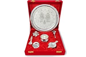BENGALEN Pooja Thali Set Silver Plated with Red Gift Box Designed 22 cm Puja Plate Kalash Bowl Ghanti Spoon Dhup Dan Diya for Home Office Diwali Wedding Return Gift Items
