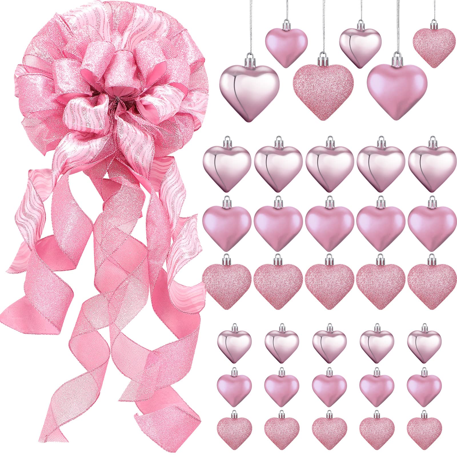 37 Pcs Pink Valentines Day Ornaments Set with Tree Topper 12 x 34 Inches Large Bow and 36 Pcs Flash Heart Ornaments with Wired Edge for Valentine Christmas Tree Decorations Hanging Wreath