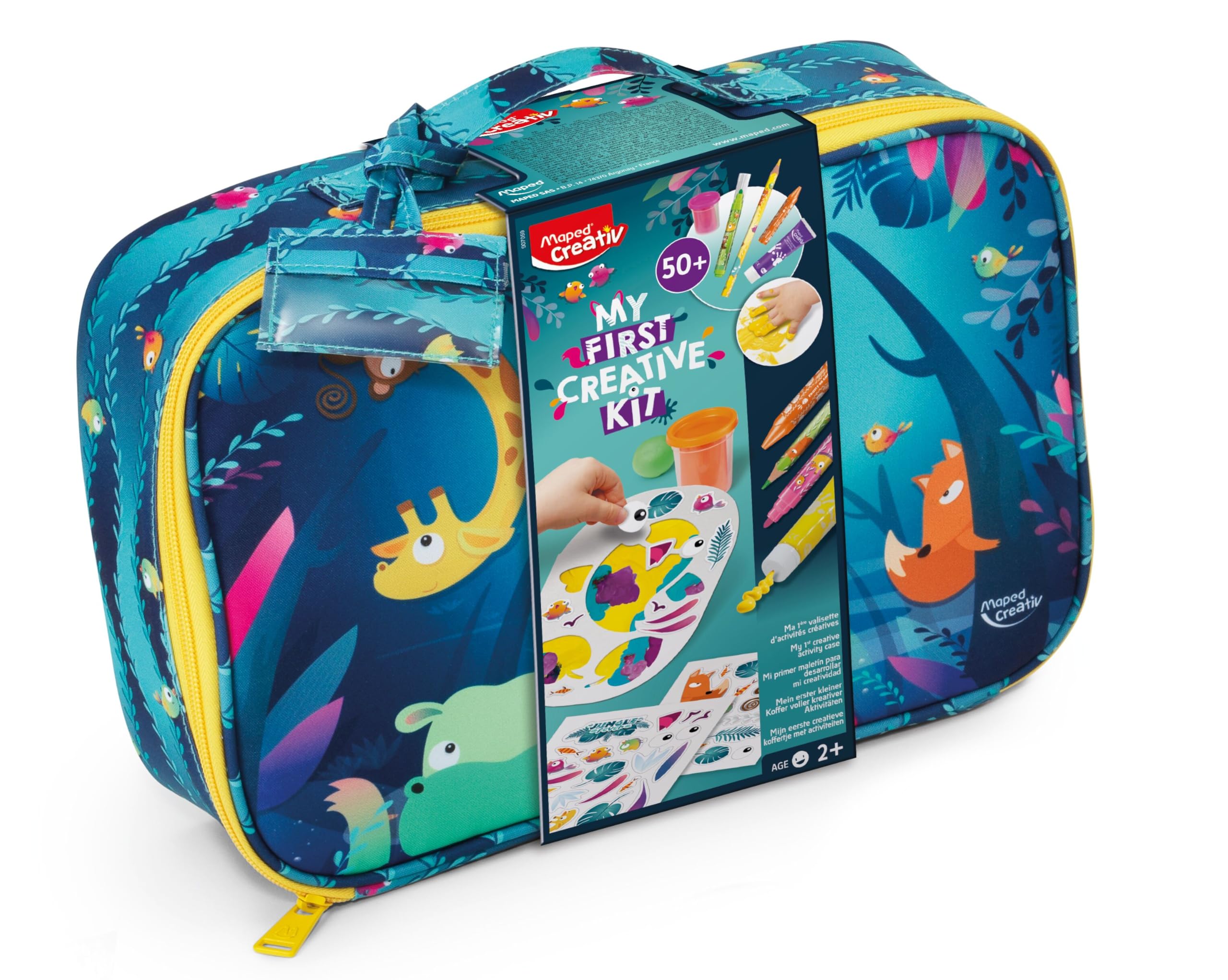 Maped Creativ Jungle Fever Case with 50 Pieces – Creative & Colourful Activities – Jumbo Pencils, Felt-Tip Pens and Crayons + Finger Paints, Modelling Dough, Stickers, Accessories – Ages 2 to 5 Years
