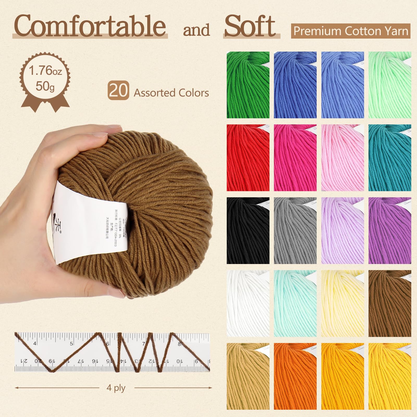 Katech 20 Skeins Cotton Yarn for Crocheting-55% Cotton 45% Acrylic-4 Medium (Worsted)-Super Soft Milk Cotton Yarn-Great Crochet and Knitting Starter Kit for Colorful Craft