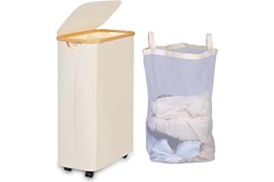 iEGrow 75L Slim Laundry Hamper with Wheels,Clothes Hamper for Laundry,Laundry Basket with Lid & Inner Bag,for Laundry Room, Bedroom, Dormitory Organization,Beige