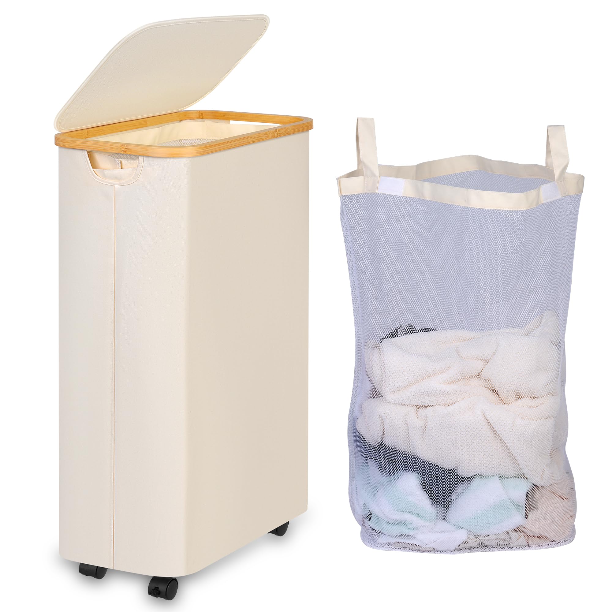 Photo 1 of iEGrow 75L Slim Laundry Hamper with Wheels,Clothes Hamper for Laundry,Laundry Basket with Lid & Inner Bag,for Laundry Room, Bedroom, Dormitory Organization,Beige
