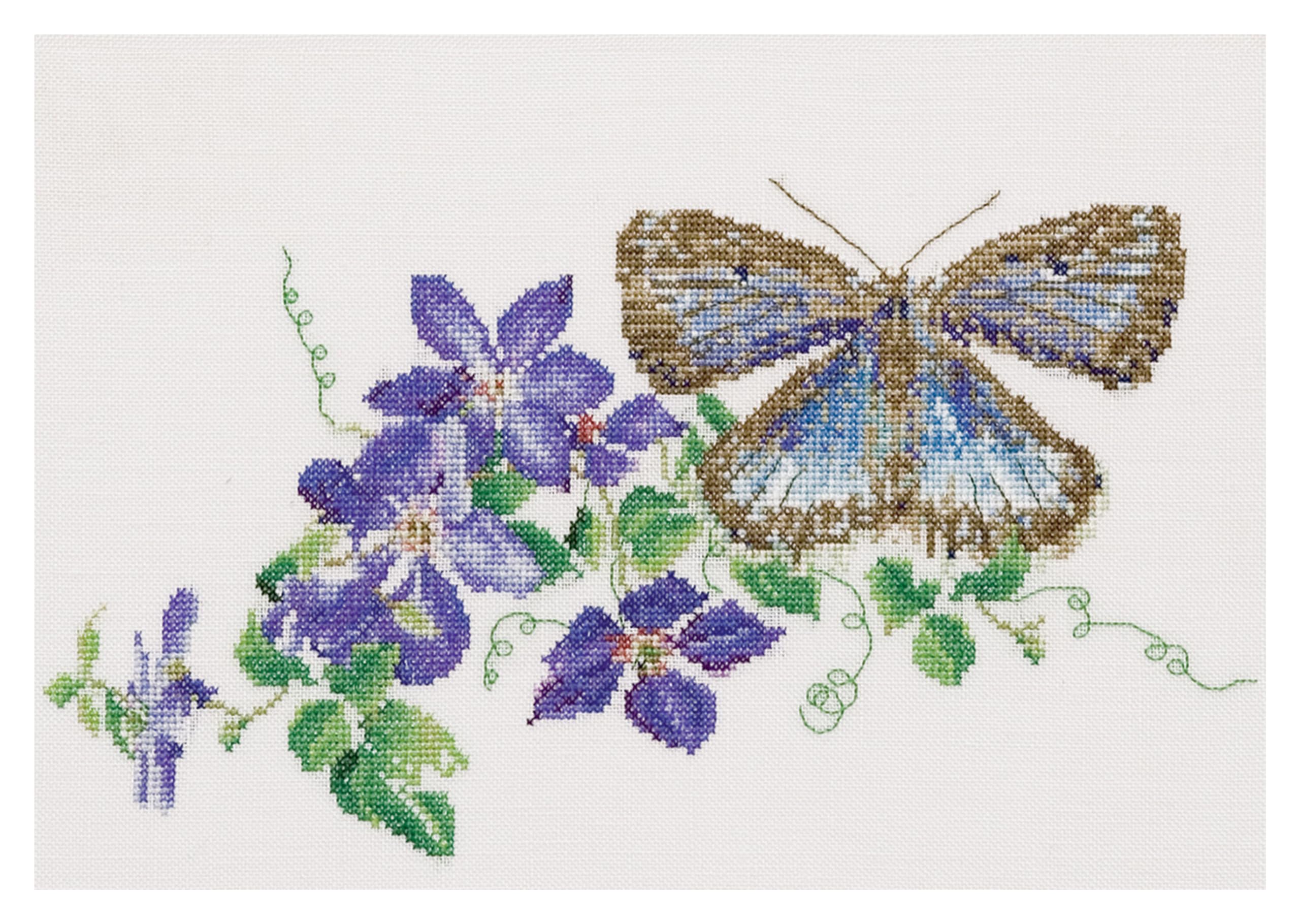 Thea Gouverneur - Counted Cross Stitch Kit - Butterfly-Clematis - Aida - 18 Count - Embroidery Kit for Adults - DMC Embroidery Threads and Other Cross Stitch Supplies Included - 438A
