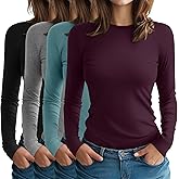 Oakgarden 4 Pack Women's Long Sleeve Shirt Slim Fit Crew Neck Tops Casual Basic Stretch Cotton Blend Fall Going Out Outfits