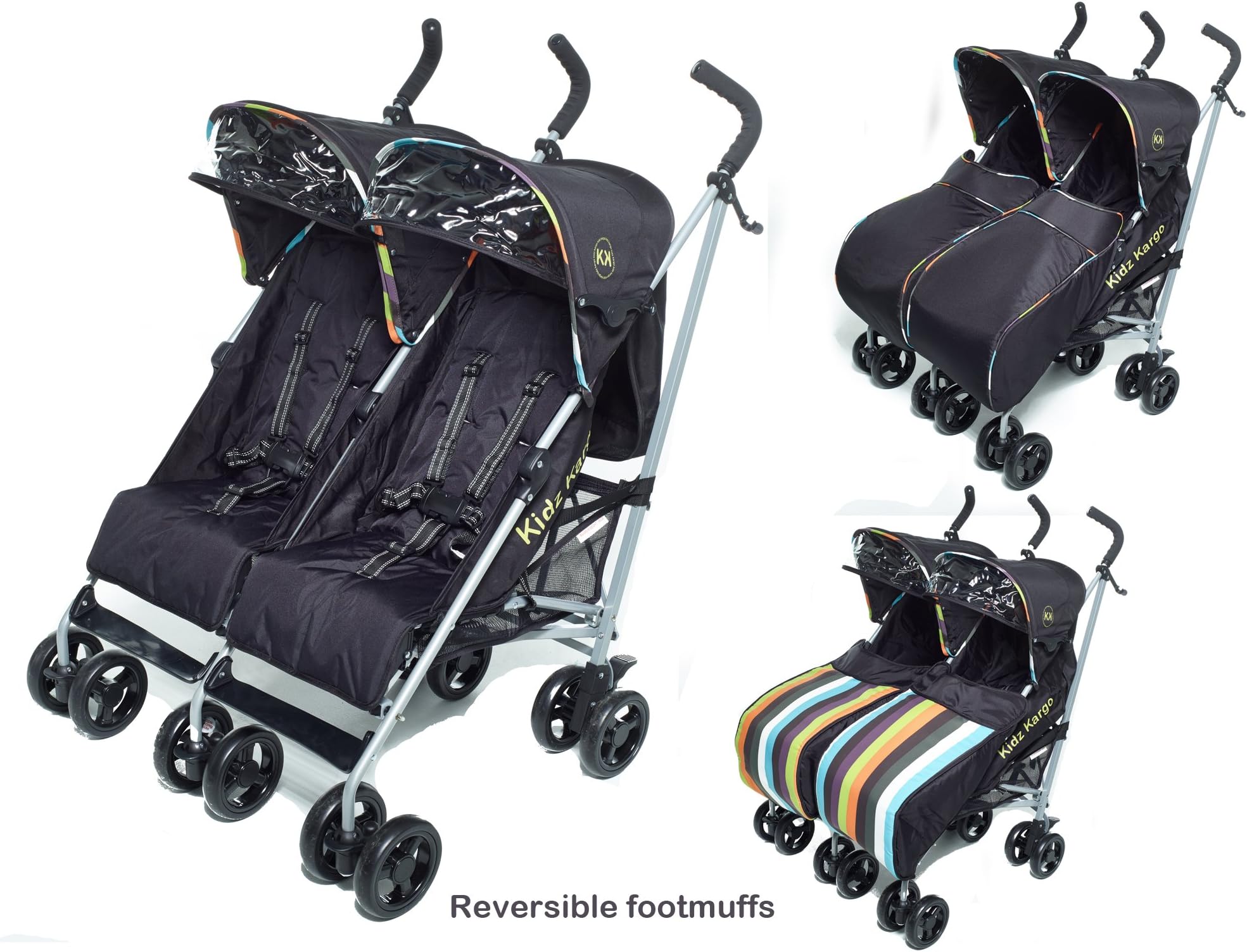 Twin buggies Newborn Double pushchair stroller with footmuffs TWIN SIDE X SIDE Fits through single doorways Both seats 5 position suitable from birth seats independently operated UNIQUE reflective strip on visa for extra safety 2 toddlers or 2 babies complete with two warm reversible adjustable foot muffs, rain cover included (candy stripe)
