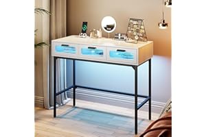 FREDEES Vanity Desk with 3 Color LED Lights, Makeup Vanity with with Human Body Induction, Vanity Table Set with 3 Large Drawers,White