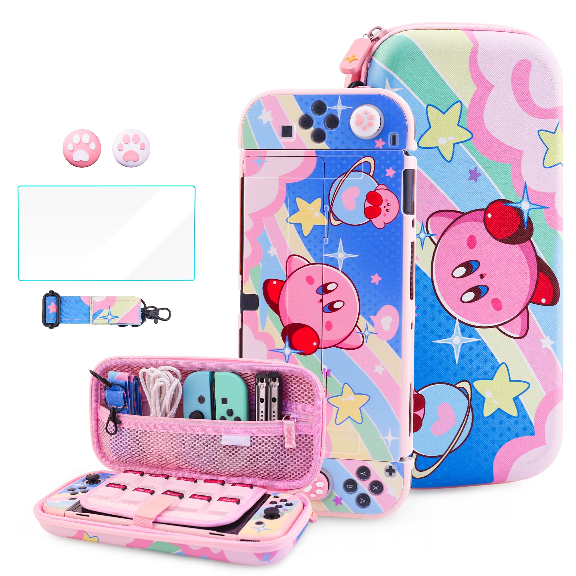 HYPERCASE Cute Anime Switch OLED Carrying Case Set, with Portable Travel Storage Bag of Pink Lining, Hardshell Protective Cover Skin, HD Screen Protector, Shoulder Strap & 2 kawaii Thumb Caps